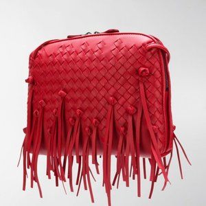 BOTTEGA VENETA Pillow Red Woven Leather Fringe Crossbody Bag/Handbag. Small.